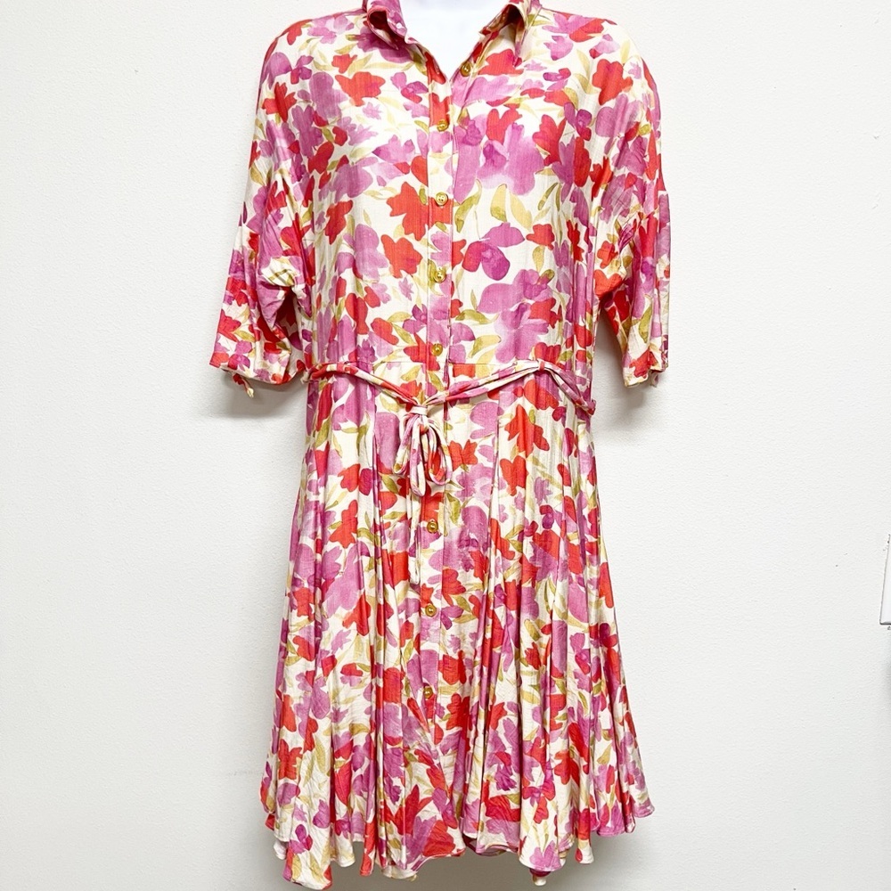Taylor Womens Floral Pink Tie Up Elbow Sleeve Fit & Flare Belted Dress Size 6 - Picture 3 of 10